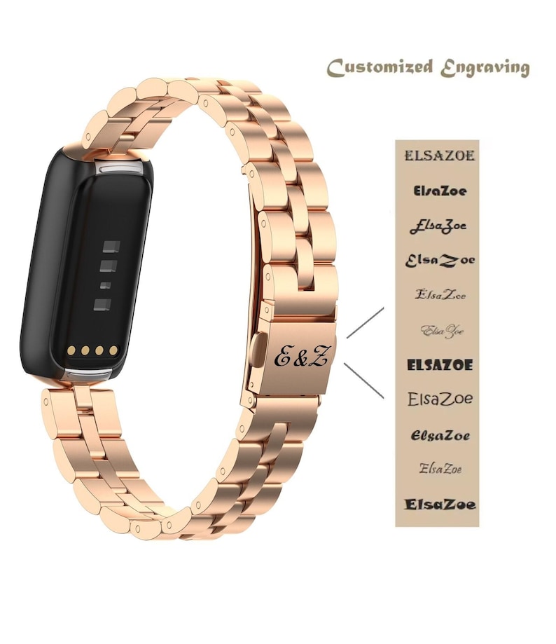 May include: Rose gold metal watch band with a black fitness tracker. The band features a link design and a clasp engraved with "E&Z". The words "Customized Engraving" are at the top, and various font styles of the name "ElsaZoe" are shown.