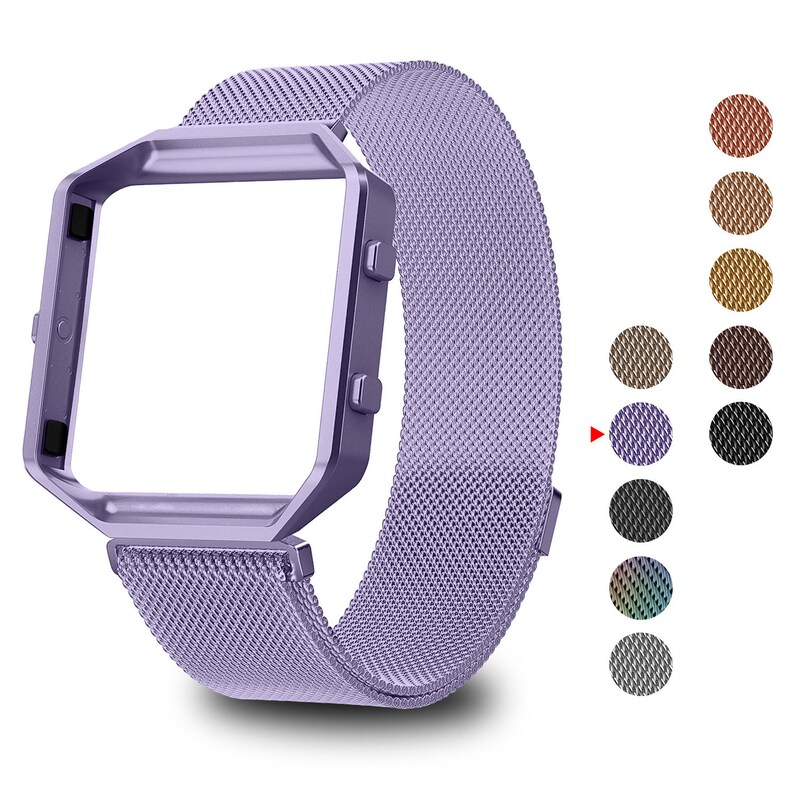 K&ouml;nnte beinhalten: Ein lavendelfarbenes Metall-Armband mit einem quadratischen Zifferblatt. Das Armband besteht aus einem feinen Netzmaterial und hat einen magnetischen Verschluss. Das Bild zeigt eine Vielzahl weiterer Farboptionen f&uuml;r das Armband.