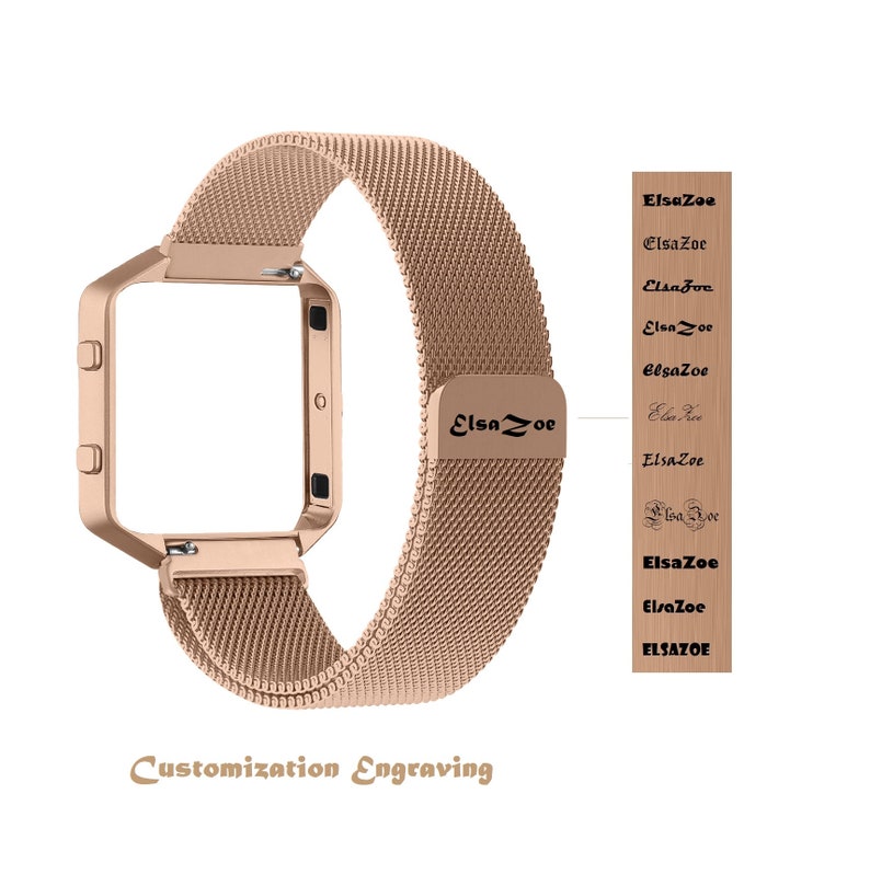 K&ouml;nnte beinhalten: Ein ros&eacute;goldenes Metall-Armband mit einem quadratischen Zifferblatt. Das Armband hat ein Mesh-Design und das Zifferblatt ist leer. Das Armband tr&auml;gt eine gravierte Inschrift mit dem Text "ElsaZoe".