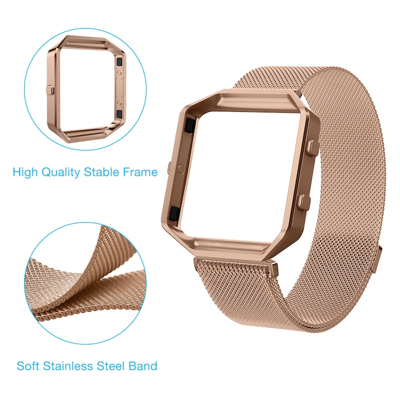 K&ouml;nnte beinhalten: Ein ros&eacute;goldenes Metall-Armband mit einem passenden ros&eacute;goldenen Metallrahmen. Das Armband besteht aus einem weichen, flexiblen Edelstahlgeflecht. Der Rahmen ist f&uuml;r eine quadratische Smartwatch konzipiert.