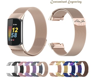 Custom Fitbit Charge 6/5/4/3/2 Band, Milanese Loop Stainless Steel Mesh Magnetic Bracelet Personalized Engrave Watch Sport Replacement Bands