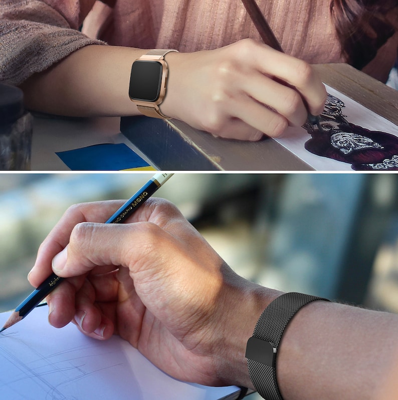 May include: Two different styles of watch bands. The first is a gold metal band with a square watch face. The second is a black metal band with a rectangular watch face.