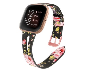 Fitbit Versa 2/3/4/Lite Sense/2 Lederbänder, Armband Ersatzband Streamline Design & Floral Bedrucktes Fitness Uhrenarmband Frauen Mann