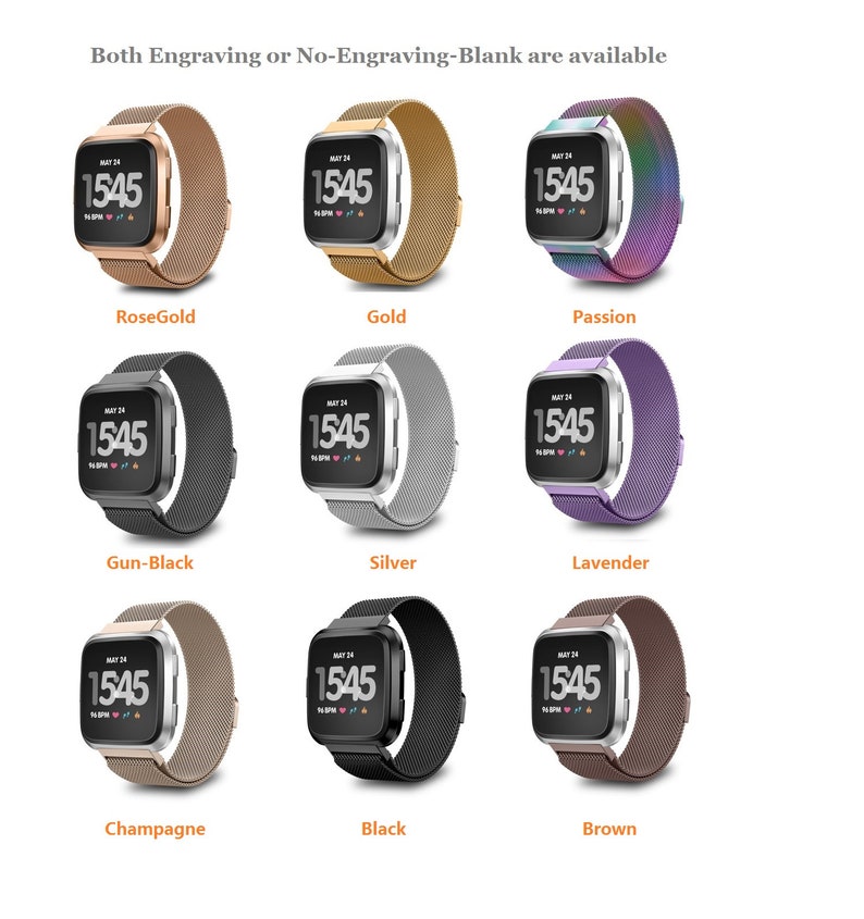 May include: Nine different colored metal watch bands for a smartwatch. The bands are in the colors rose gold, gold, passion, gun-black, silver, lavender, champagne, black, and brown.