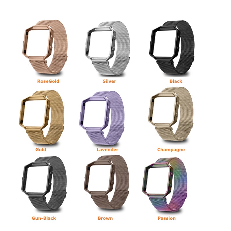K&ouml;nnte beinhalten: Ein Set aus zehn verschiedenen farbigen Metall-Armb&auml;ndern f&uuml;r eine Smartwatch. Die Armb&auml;nder bestehen aus einem Mesh-Material und haben einen magnetischen Verschluss. Die Farben umfassen Ros&eacute;gold, Silber, Schwarz, Gold, Lavendel, Champagner, Schwarz matt, Braun und Passion.