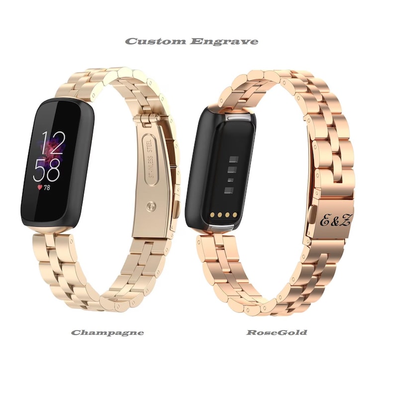 May include: Two smart watch bands in champagne and rose gold. The champagne band displays a digital clock with the time 12:58 and a heart rate of 78. The rose gold band is engraved with the initials E&Z. The text "Custom Engrave" is above the bands.