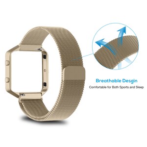 K&ouml;nnte beinhalten: Goldenes Metall-Armband mit atmungsaktivem Mesh-Design. Das Armband ist kompatibel mit einer quadratischen Smartwatch. "Breathable Desgin Comfortable for Both Sports and Sleep" steht unter dem Bild des Armbands.