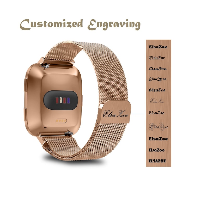 May include: A rose gold smartwatch with a metal mesh band. The band has a personalized engraving that reads "Elsa Zoe".