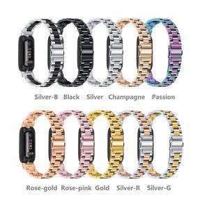 May include: A collection of watch bands in various colors, including black, silver, gold, and rose-gold. The bands are made of metal and have a link design. The image also includes the text "Silver-B", "Black", "Silver", "Champagne", "Passion", "Rose-gold", "Rose-pink", "Gold", "Silver-R", and "Silver-G".