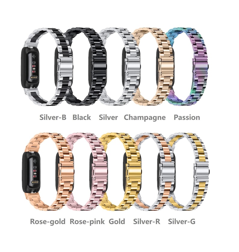 May include: A collection of watch bands in various colors, including black, silver, gold, and rose-gold. The bands are made of metal and have a link design. The image also includes the text "Silver-B", "Black", "Silver", "Champagne", "Passion", "Rose-gold", "Rose-pink", "Gold", "Silver-R", and "Silver-G".
