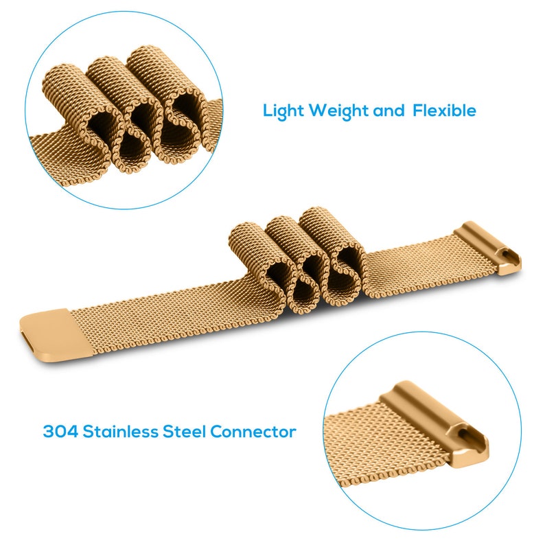 May include: A gold-toned metal watch band with a mesh design. The band is flexible and lightweight. The band has a 304 stainless steel connector.
