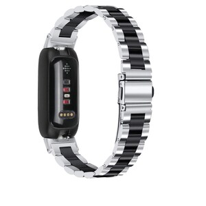 May include: A black fitness tracker with a silver and black metal band. The band features alternating silver and black links. The tracker has a black screen and a series of red and gold indicator lights.