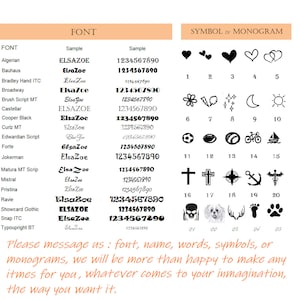 May include: A chart showing different font styles and their corresponding numbers. The chart also includes a variety of symbols and their corresponding numbers. The text at the bottom of the chart reads: "Please message us: font, name, words, symbols, or monograms, we will be more than happy to make any itmes for you, whatever comes to your inmagination, the way you want it."