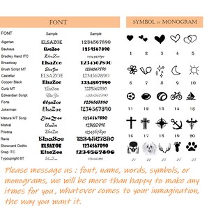 K&ouml;nnte beinhalten: Eine Tabelle, die verschiedene Schriftarten und ihre entsprechenden Nummern zeigt. Die Tabelle enth&auml;lt auch eine Reihe von Symbolen und ihre entsprechenden Nummern. Der Text am unteren Rand der Tabelle lautet: "Bitte senden Sie uns eine Nachricht: Schriftart, Name, W&ouml;rter, Symbole oder Monogramme, wir erstellen gerne alles f&uuml;r Sie, was Ihrer Fantasie entspricht, so wie Sie es w&uuml;nschen."