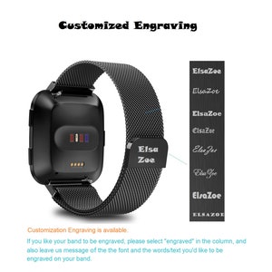 May include: A black metal watch band with a customizable engraving option. The band is shown with the text "Elsa Zoe" engraved on it. The text "Customization Engraving is available." is shown below the image.  If you like your band to be engraved, please select "engraved" in the column, and also leave us message of the the font and the words/text you'd like to be engraved on your band.