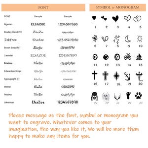 May include: A reference chart displaying various fonts and symbols for engraving. The chart includes font samples like Algerian and Jokerman, along with number samples. Symbols include hearts, crosses, and paw prints. Text at the bottom encourages custom engraving.