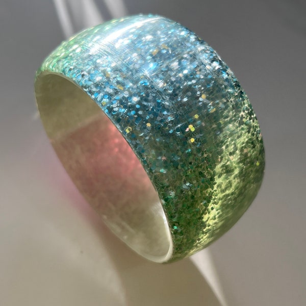 Large Pink Green and Light Blue Glitter Resin Bangle