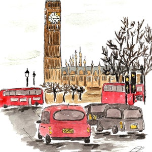 Instant Download, London, Ink, Sketch, Watercolour, Big Ben, England, Bus, Taxi, Printable Art, Watercolor, Urban