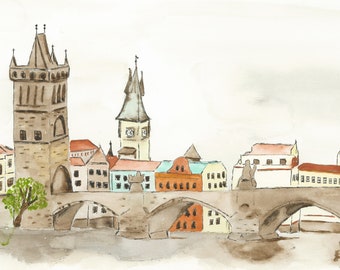 Digital Download, Prague, Watercolor, Art, Czech Republic, Charles Bridge