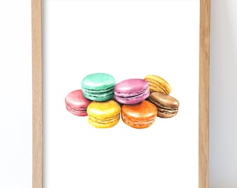 Watercolor Macarons Print, Macarons Wall Decor, Food Art, Food Illustration, Kitchen Wall Decor