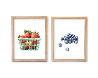 Watercolor Strawberries and Blueberries Print Set, Strawberries and Blueberries Wall Decor, Food Art, Food Illustration, Kitchen Wall Decor