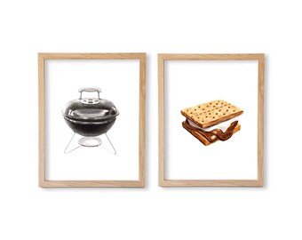 Watercolor S'mores Print Set, S'mores Wall Decor, Food Art, Food Illustration, Kitchen Wall Decor