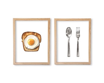 Watercolor Spoon, Fork and Eggs on Toast Print Set, Food Wall Decor, Food Art, Food Illustration, Kitchen Wall Decor