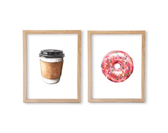 Watercolor Coffee and Donuts Print Set, Coffee and Donuts Wall Decor, Food Art, Food Illustration, Kitchen Wall Decor