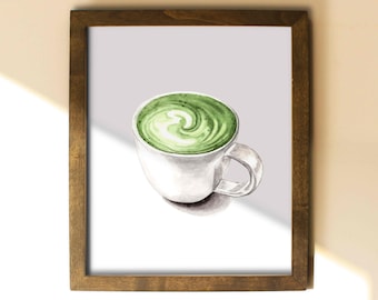 Watercolor Matcha Cup Print, Kitchen Wall Art, Food Illustration, Hand-Painted Style