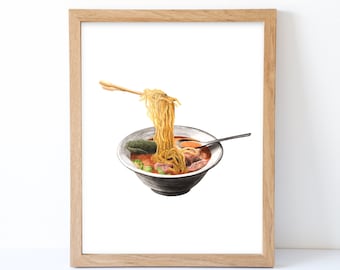 Watercolor Ramen with Noodles Print, Ramen Bowl Wall Decor, Food Art, Food Illustration, Kitchen Wall Decor