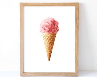 Watercolor Strawberry Ice Cream Print, Strawberry Ice Cream Wall Decor, Food Art, Food Illustration, Kitchen Wall Decor