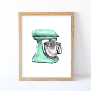 Watercolor Food Mixer Mint Print, Food Mixer Wall Decor, Food Art, Food Illustration, Kitchen Wall Decor image 1