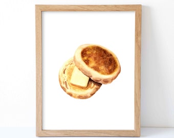 Watercolor English Muffin Print, English Muffin Wall Decor, Food Art, Food Illustration, Kitchen Wall Decor