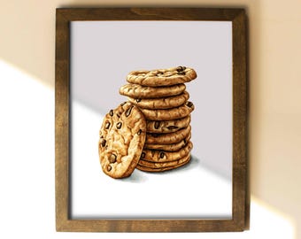 Watercolor Chocolate Chip Cookies Print, Kitchen Wall Art, Food Illustration
