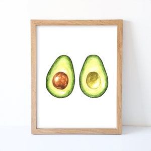 Watercolor Avocado Print, Avocado Wall Decor, Food Art, Food Illustration, Kitchen Wall Decor