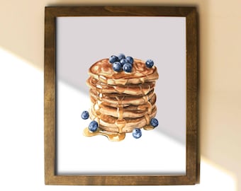 Blueberry Pancakes Watercolor Art Print, Kitchen Wall Decor, Foodie Gift