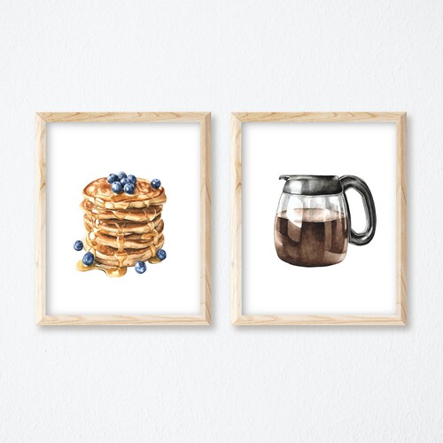 Watercolor Coffee and Blueberry Pancakes Print Set, Breakfast Wall Decor, Food Art, Food Illustration, Kitchen Wall Decor