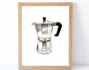 Watercolor Espresso Maker Print, Espresso Maker Wall Decor, Food Art, Food Illustration, Kitchen Wall Decor