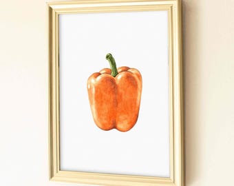 Watercolor Orange Bell Pepper Print, Kitchen Wall Decor, Food Art Illustration