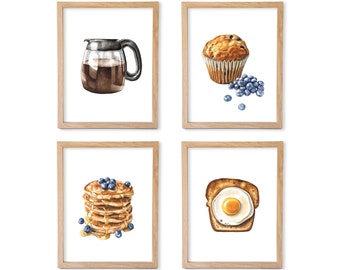 Watercolor Breakfast Print Set, Breakfast Wall Decor, Food Art, Food Illustration, Kitchen Wall Decor