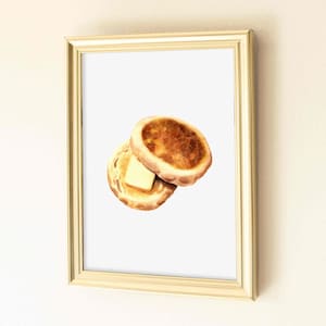 Watercolor English Muffin Print, Kitchen Wall Decor, Food Art Illustration