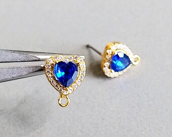 2 PCS - Saphire, 10.5x8.5mm Gold Plated Brass, Heart Cubic