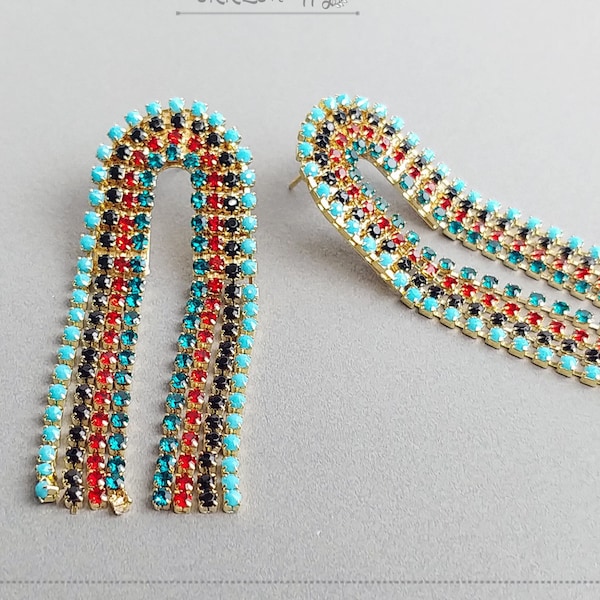 2 PCS - 60 mm , Turquoise Rhinestone Drop, colorful stones chain earrings, gold plated stud for Women Girls[ EH0043 - TQ ]