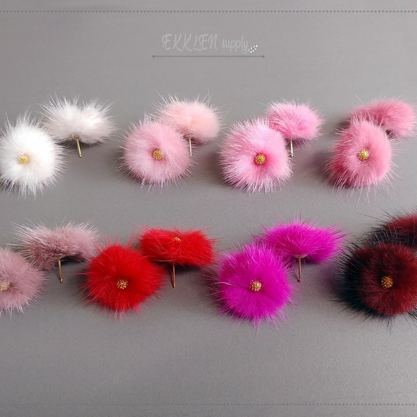 2 PCS - (brass stud)  Ruby Pink Red 30mm Mink fur Flower ball with post, real genuine pompom supply, mink earring [ ECT0009F ]