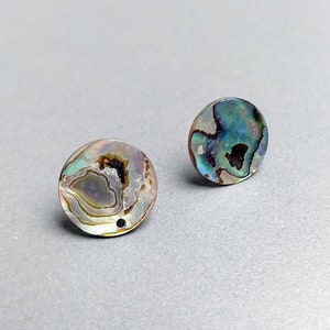 May include: Two round iridescent abalone shell earrings with a small hole in the center of each.