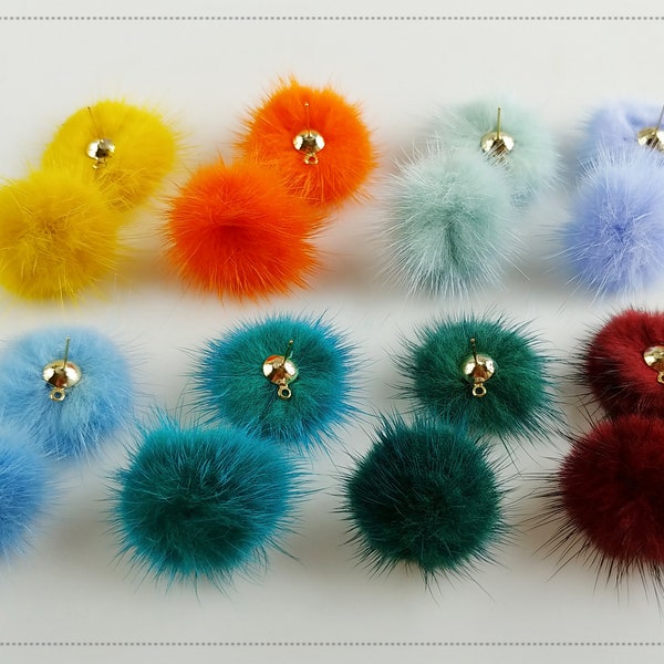 2 PCS - (brass stud)  Orange Green Sky Mint 30mm Mink fur ball with post, real genuine pompom supply, real mink earring post [ ECT0009E ]
