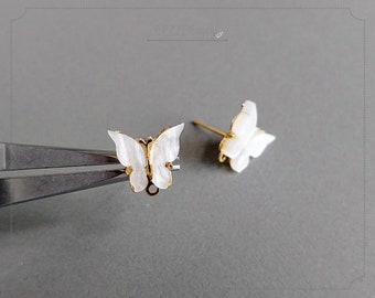 2 PCS - White, 10mm Acrylic Pearl Butterfly Earring Stud, Plastic Earring Post, Cellulose Acetate Earring, Butterfly [ EPG0054E ]