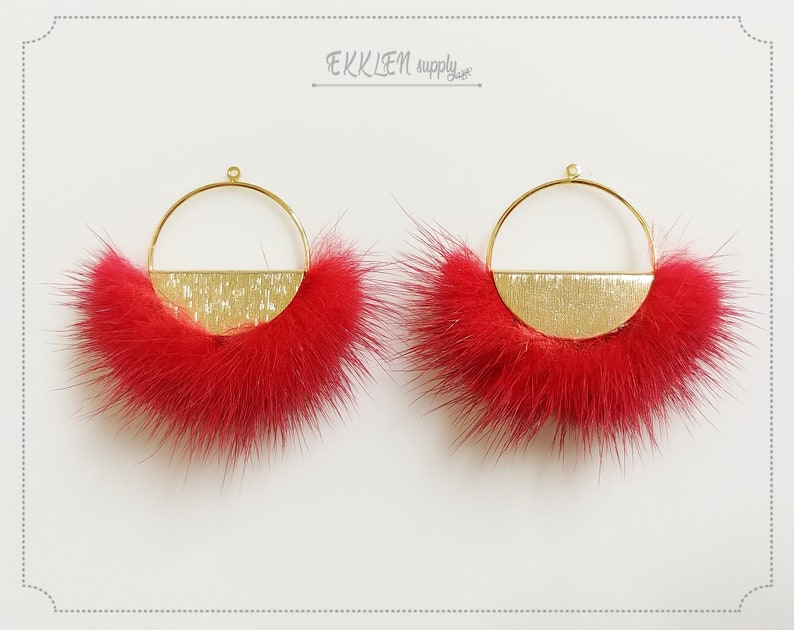 Natural Genuine Mink Pom pom Tassel supply for earrings 2 pcs necklace Charm Half moon mink fur pendant ECT0039-RE Red