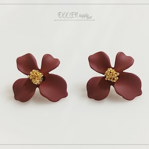 2 PCS - Wine, 20mm matte rubber coated, Flower stud earring supply for making jewelry necklace pendant earring post [ ER0029 ]