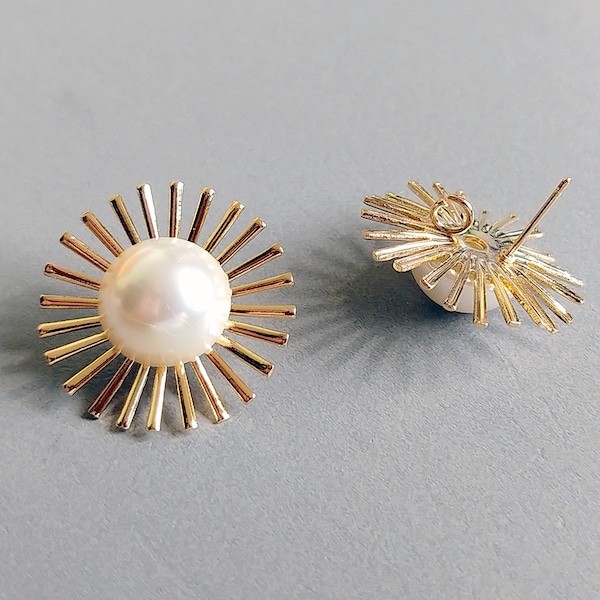 2 PCS - 25mm Pearl Starburst, gold plated stud, sunburst fashion jewerly, wedding jewelry spring shiny earrings [ EPG0068 ]